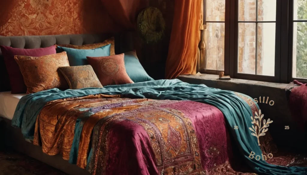 Mantas bohemias niños mandalas coloridas: Lujosas mantas de seda bohemia cubiertas sobre una cama.