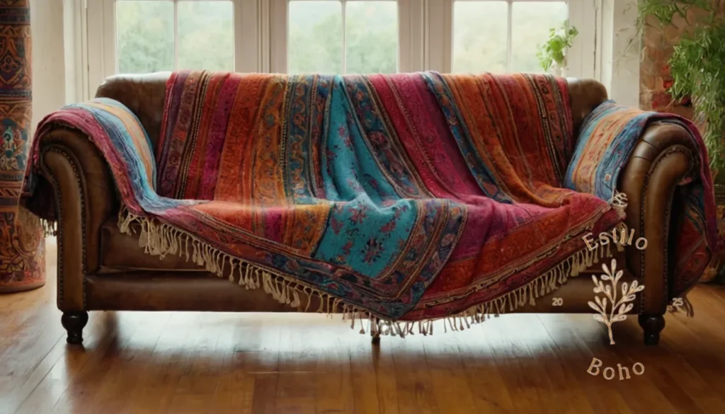 Mantas bohemia juveniles dormitorio: Un sofá impresionante y elegante envuelto en una colorida manta de estilo bohemio.