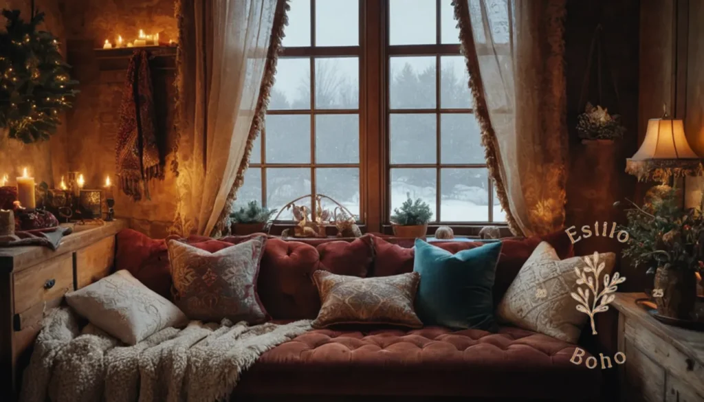 Mantas Boho Chic Textiles Exteriores: Una escena de invierno más acogedora con texturas de terciopelo y decoración bohemia.