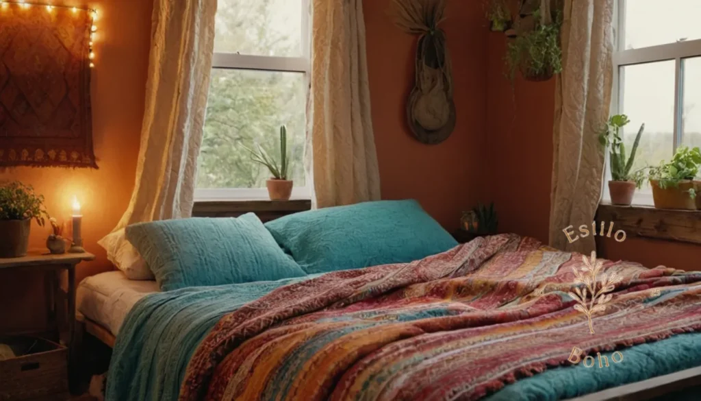 Colchas Bohemias Florales Casa: Un dormitorio bellamente de estilo con mantas bohemias suaves y coloridas.