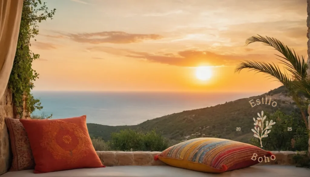Colchas bohemias para nido: Un colorido y soñador paisaje mediterráneo con una almohada de lanzamiento de estilo bohemio.