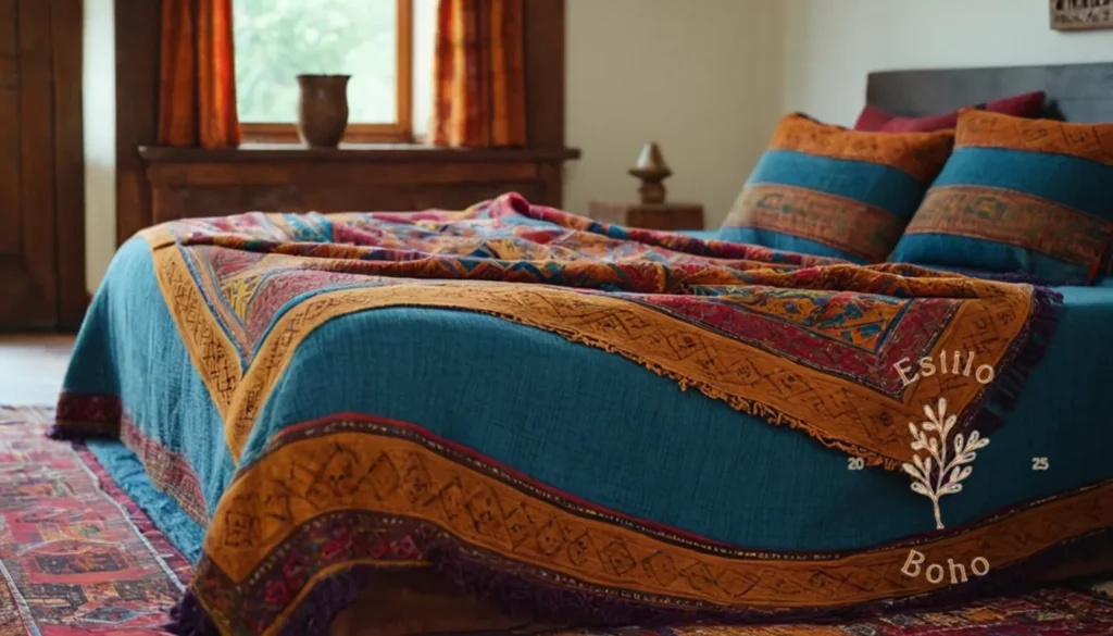 Mantas punto gruesas vistosas: Vibrantes mantas étnicas drapeadas ingeniosamente en un acogedor entorno de cama.