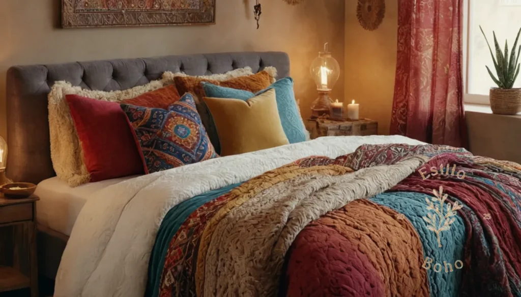 Mantas Bohemias de Yute Rústicas: 3 mantas de inspiración bohemia en un lujoso entorno de dormitorio.