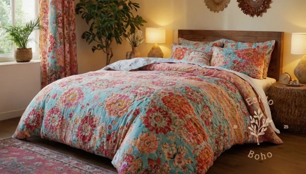 Colchas bohemias patchwork recicladas: Motivos de flores exuberantes y ropa de cama ligera estampada bohemia.