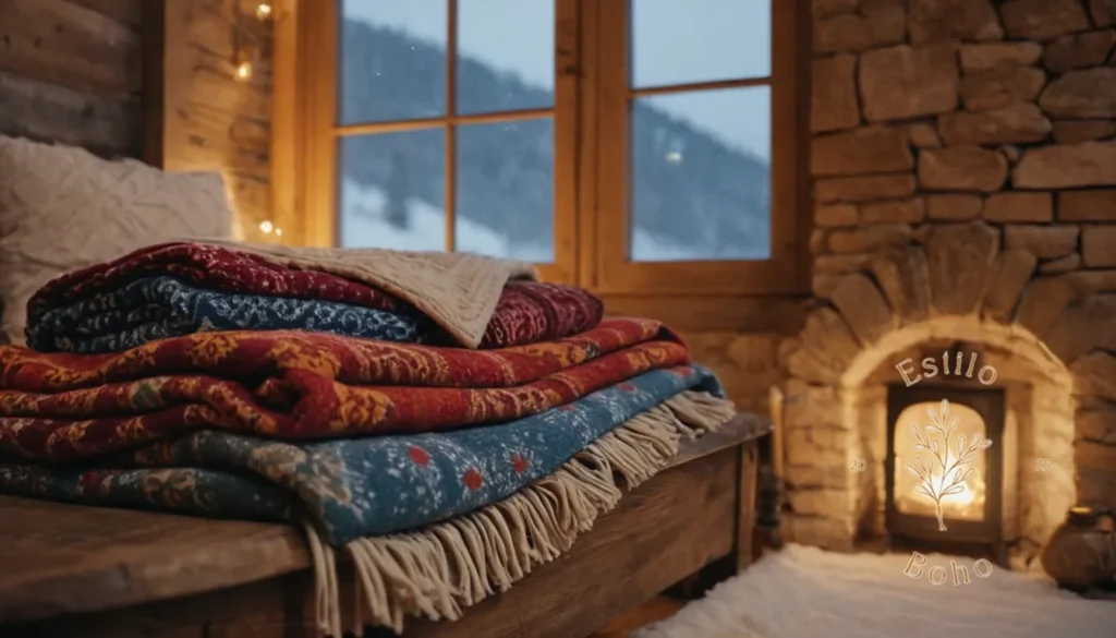 Mantas bohemias de gran tamaño: Acogedas mantas bohemias sobre un elegante fondo de invierno.