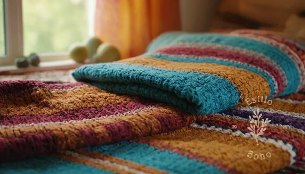 Mantas boho a precio asequible: 3 mantas de temática bohemia dobladas con estilo sobre un fondo colorido.