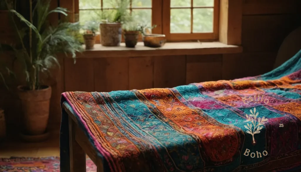 Mantas Bohemias Baratas Gratuitas Online: Una vibrante manta bohemia bordada hecha a mano en un entorno acogedor.