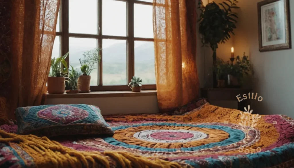 Colchas bohemias con diseños únicos: Una manta de tiro de inspiración bohemia o una acogedora escena de ropa de cama.