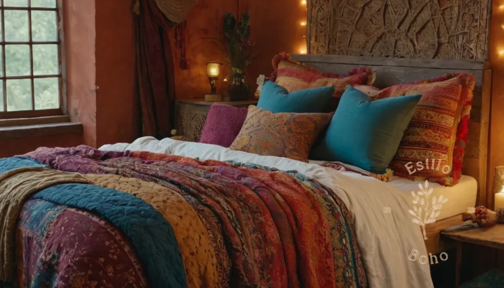 Mantas exteriores impermeables: Una acogedora cama de inspiración bohemia con coloridos textiles.