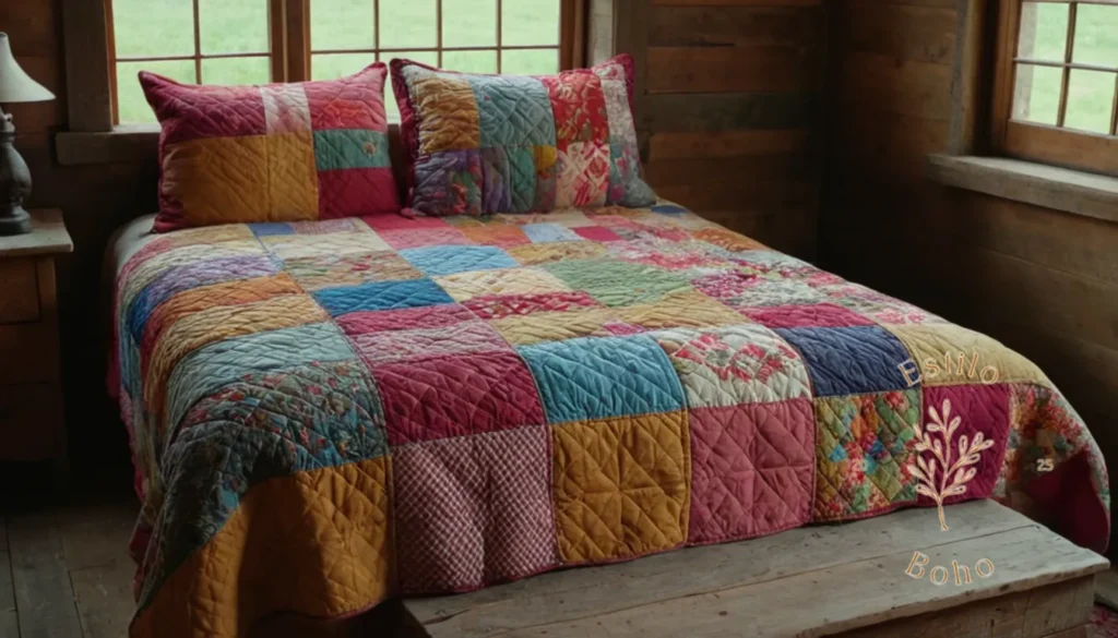 Mantas rústicas con flecos exteriores.: Una colcha colorida y ecléctica en una cama de granja rústica.