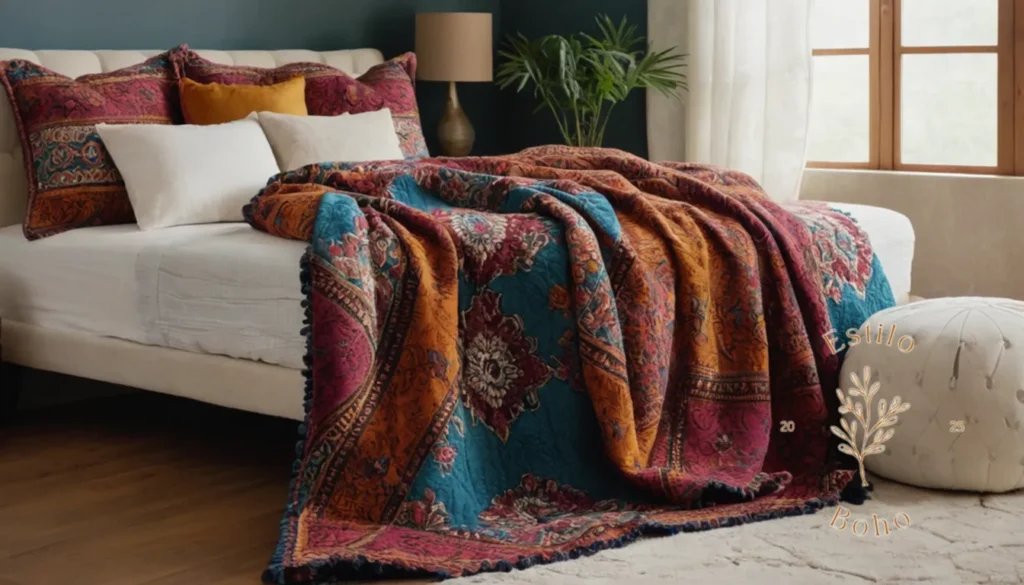 Colchas Bohemias Dormitorio Principal: 4-5 elegantes mantas bohemias en una cama doble.