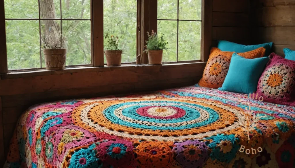 Mantas bohemias de lana reciclada: 3 colchas vibrantes de crochet hechas a mano boho en un fondo rústico.