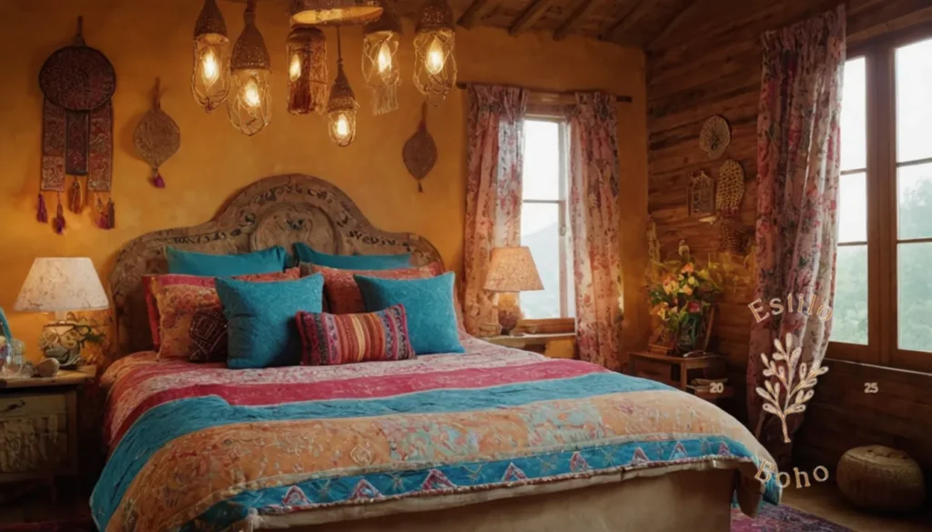 Muebles para Sofás Bohemios: Un dormitorio bohemio con patrones coloridos y lujosos textiles.