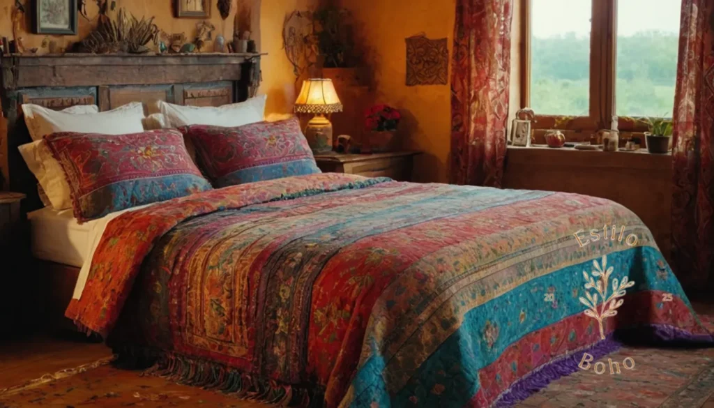 Compras Boho King Size Online: Una cama colorida y en capas se extendió al estilo bohemio.