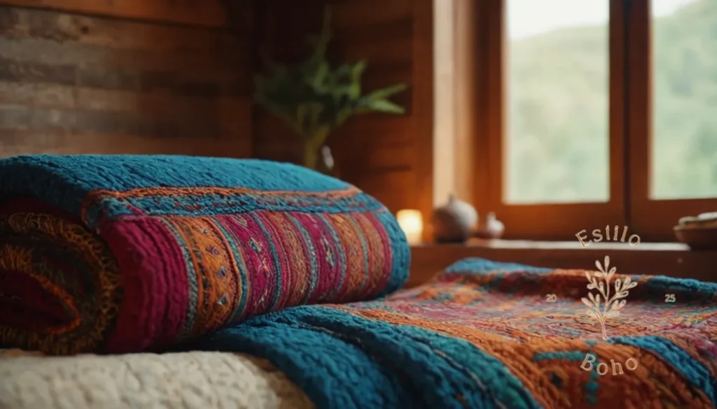 Colchas de diseño bohemio para cama: Las vibrantes mantas bohemias de inspiración étnica contra un cálido fondo cultural.