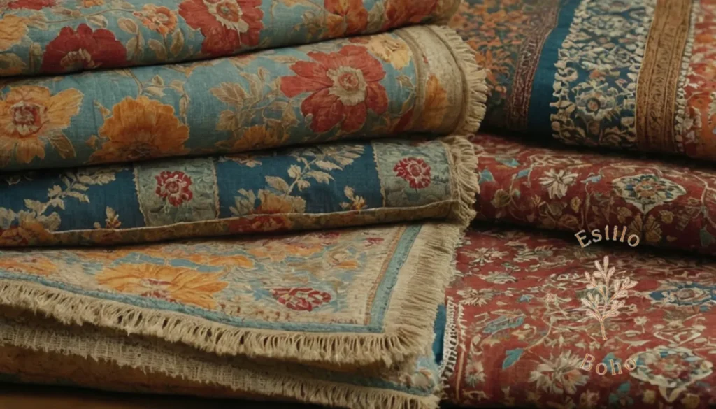 Mantas Hipoalergénicas Bohemias Para Bebés: 2 textiles de inspiración bohemia con patrones florales y geométricos.