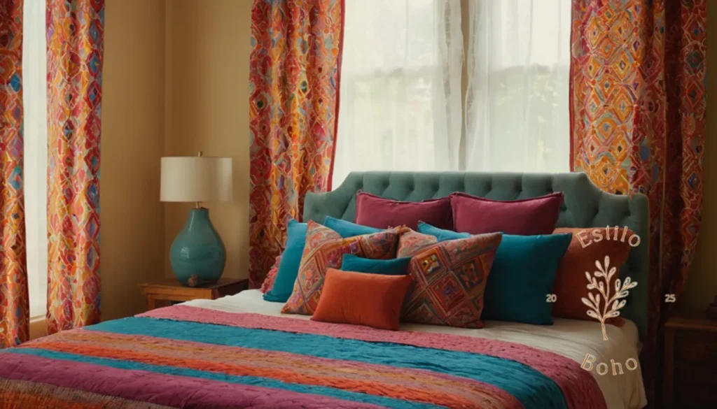 Colchas bohemias estampadas étnicas doble: Una colorida cama y cortinas de tamaño bohemio de estilo bohemio de estilo bohemio.