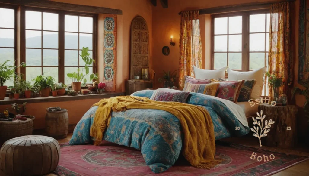 Mantas bohemias con mandalas estampo: Una habitación de inspiración bohemia con coloridos textiles y una decoración única.