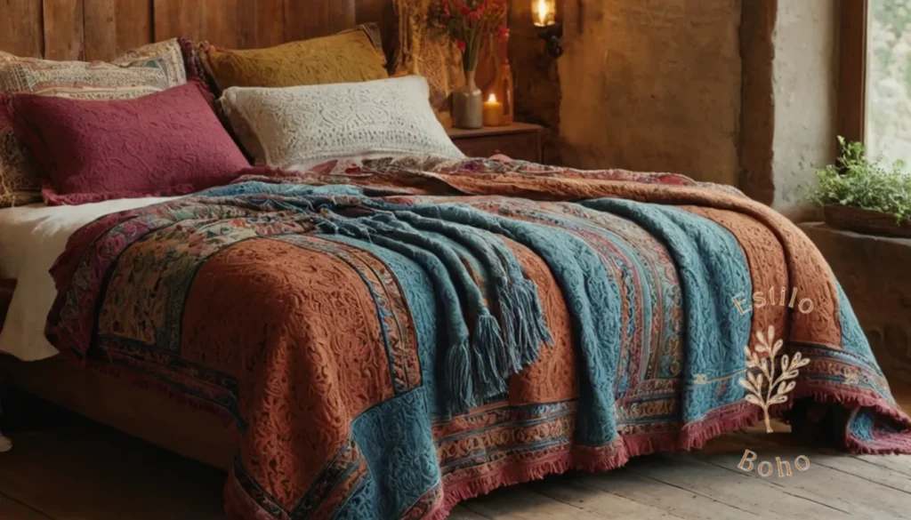 Colchones Reversibles Invierno Verano: 4-5 mantas de lino bohemio dispuestas ingeniosamente en una cama.