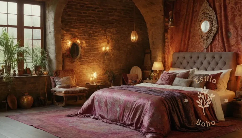 Colcha Bohemia para cama individual: Una habitación bohemia bellamente diseñada con ropa de cama de seda lujosa.