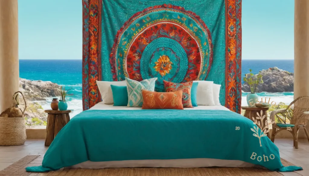 Cuidado manta boho chique: Un tapiz turquesa vibrante y colorido de estilo mexicano contra un telón de fondo del océano.