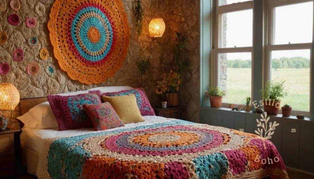 Mantas boho lunares vintage: 1-2 colchas bohemias coloridas y ganchadas en una pared de dormitorio decorada.