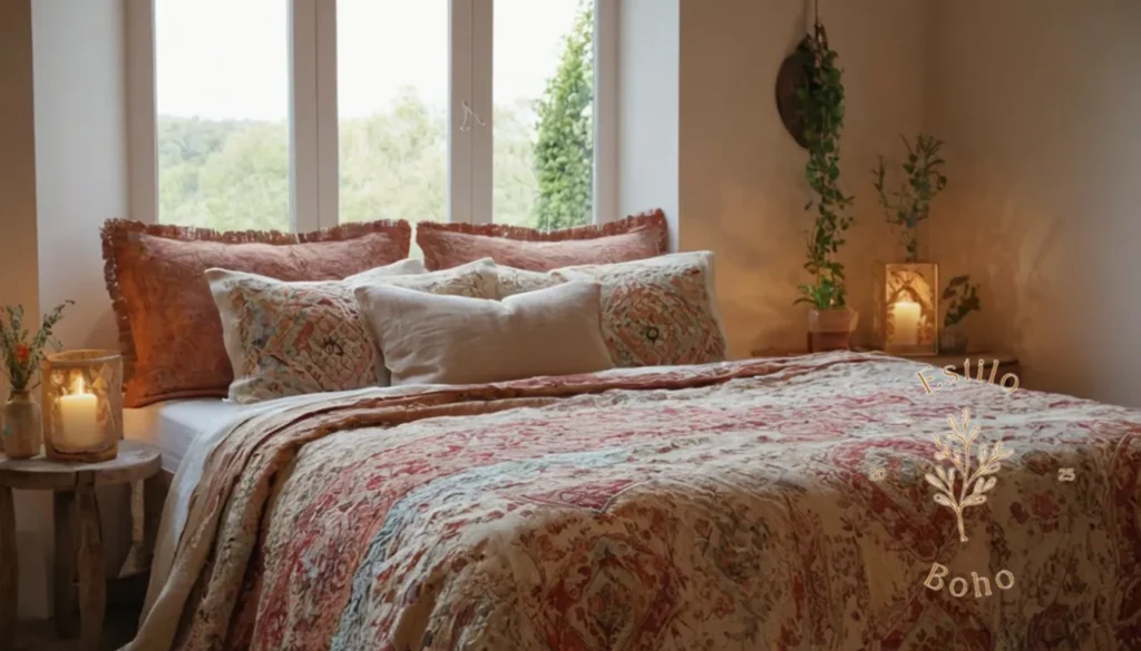 Colchas Bohemias Relajantes: Una cama de lino de inspiración bohemia en un entorno elegante y natural.