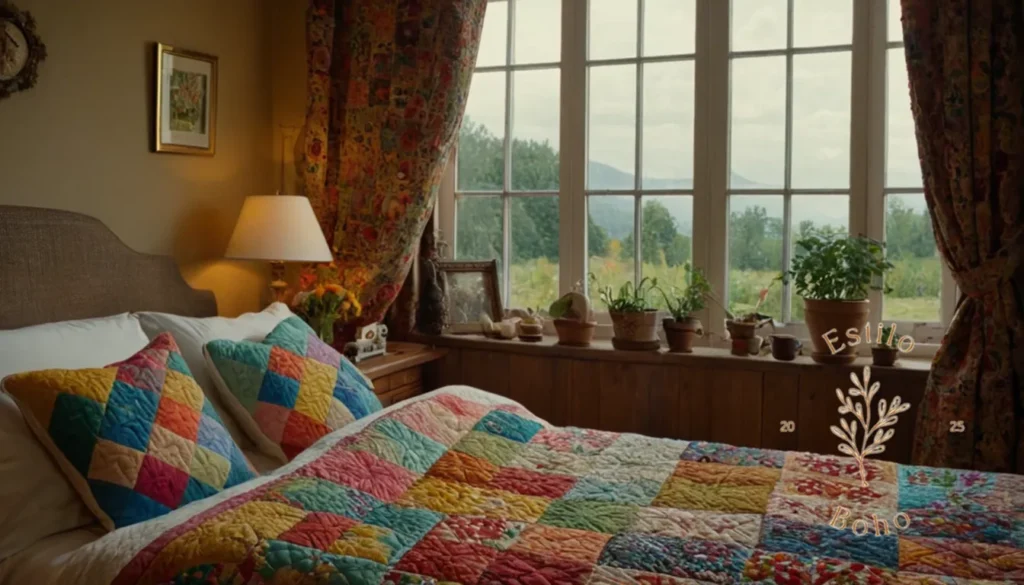 Colchas bohemian artesanales: Un dormitorio acogedor y ecléctico con coloridos edredones estampados de bordados.