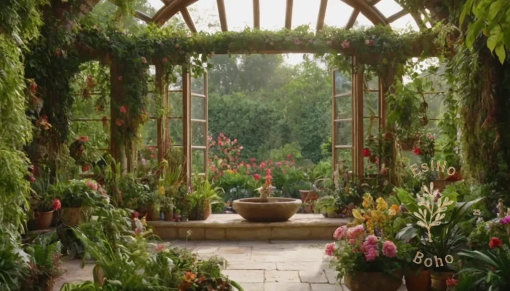 Técnicas para trepadoras bohemias: Vinos exuberantes y flores exóticas que rodean una escena de jardín inspirada en bohemia.
