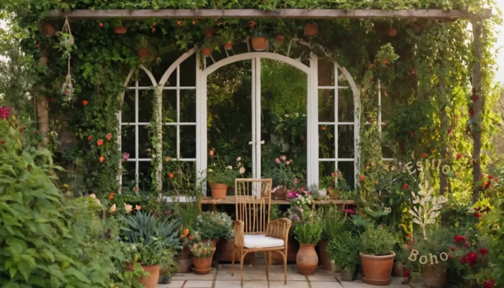 Semillas Trepadoras Boho Online: Un vibrante jardín bohemio con un enrejado envuelto en plantas trepadoras.