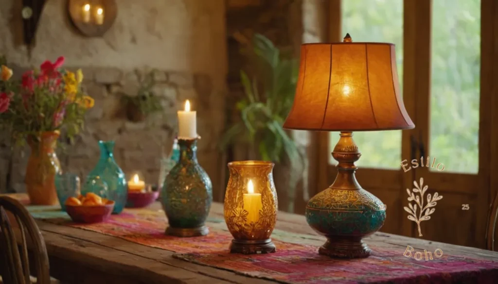 Lámpara de pie bohemio en metal negra: Múltiples lámparas de estilo bohemio en una mesa colorida y rústica.