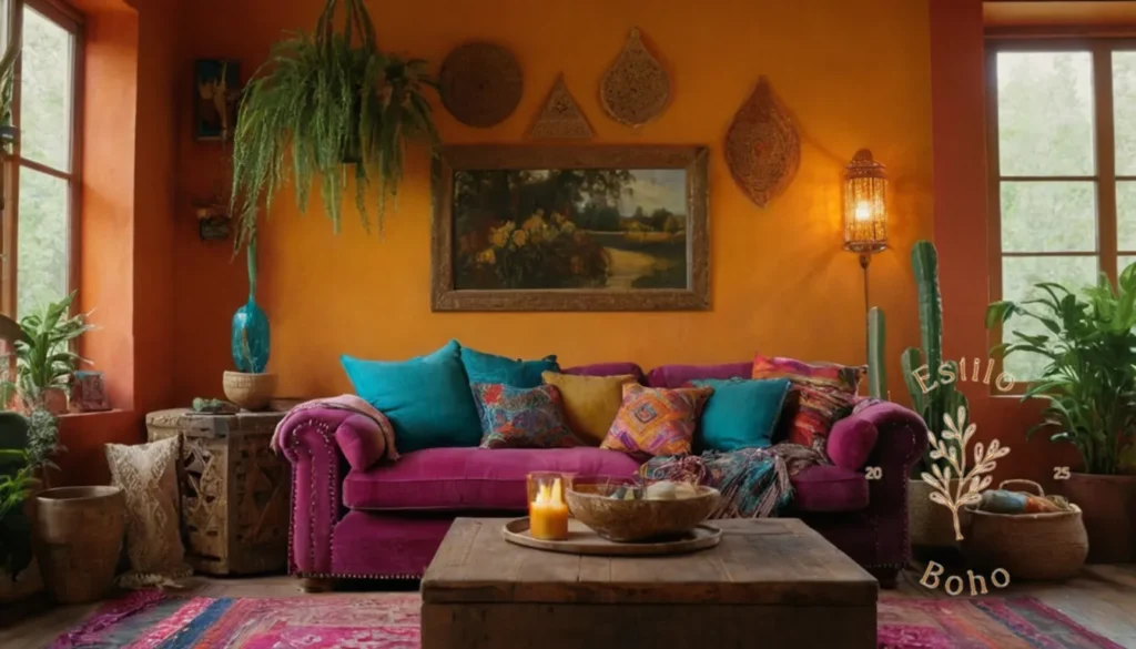 Mantas Bohemias de Punto con Fleco: Una sala de estar bohemio colorida y ecléctica o viñeta.