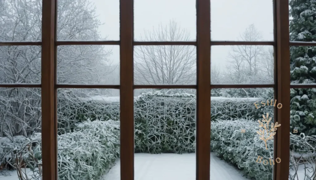 Comprar plantas trepadoras en línea jardín bohemio: Un enrejado con vides cubiertas de heladas en medio de un jardín nevado.