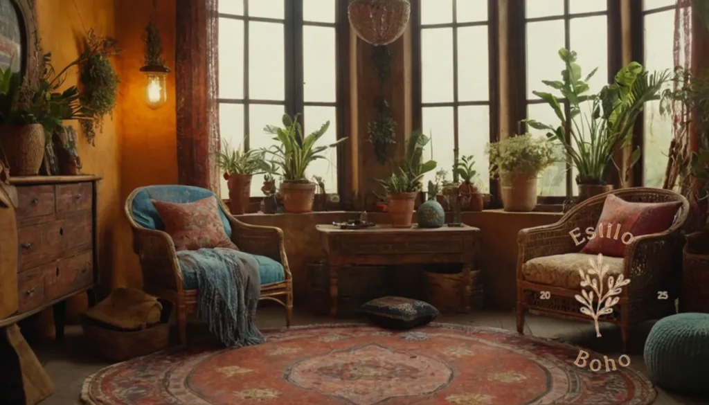 Decoración boho equilibrada: Una habitación de inspiración bohemia con texturas decorativas eclécticas juntas.