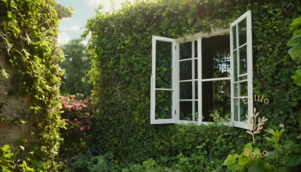 Jardines Bohemios con Plantas Trepadoras Exóticas: Un jardín exuberante y vibrante con plantas cubiertas de vid enredadas.