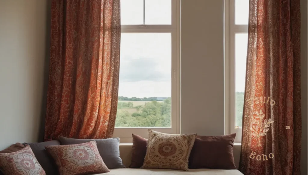 Cojines de algodón organicos para soporte bohemio: Cortinas impresas orgánicamente estilo boho envueltas desde una ventana.