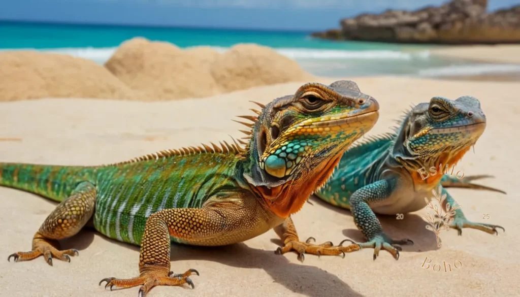 Plantas decorativas trepadoras resistentes: 3 lagartos bohemios descansando en una playa colorida y exótica.