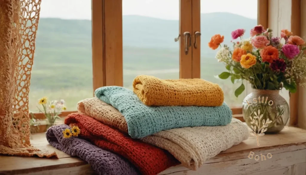 Mantas grandes bohémias para sofa pequeño: Acogedas mantas y flores de crochet bohemio sobre un fondo colorido.