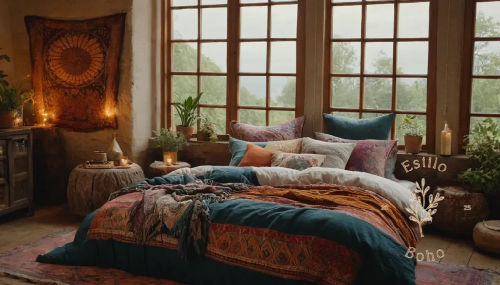 Algodón organico suave BOHO: Un dormitorio bohemio relajado con ropa de cama ecléctica y textiles.