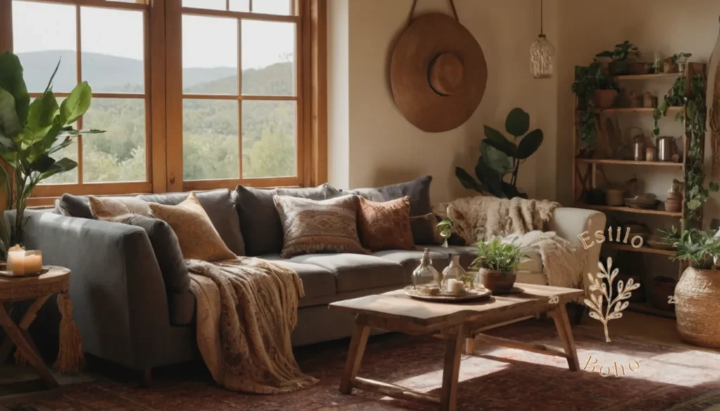 Decoración Boho Chic con Algodón Orgánico: Una acogedora sala de estar con elementos de decoración boho orgánicos.