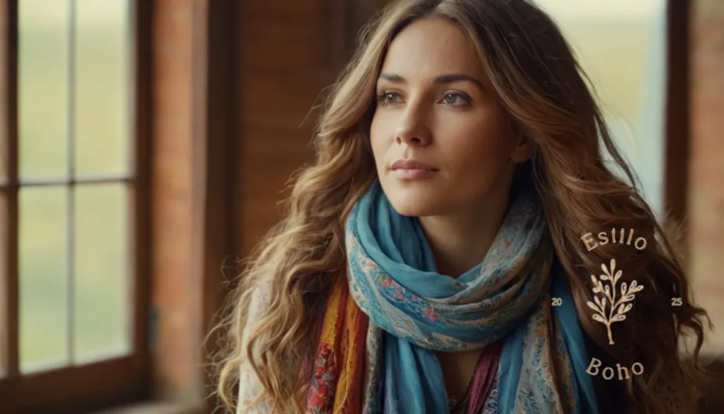 Mantas bohemias para bodas: Una mujer bohemia colorida y relajada con cabello y bufanda fluidos.