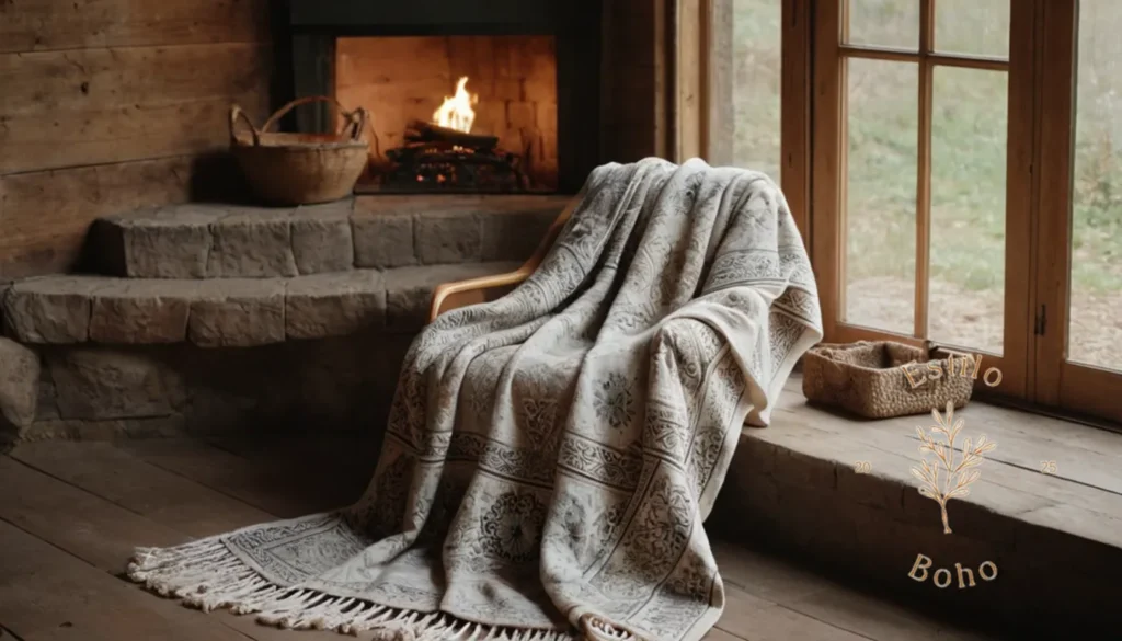 Coser con tejidos naturales: Una manta de lanzamiento bohemio orgánico estilo en un fondo rústico.