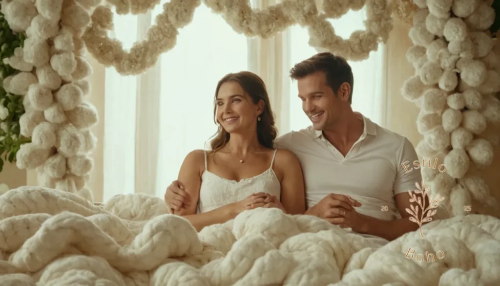 Algódoz Textiles Boho: 2 parejas felices rodeadas de exuberantes decoraciones de algodón orgánico.