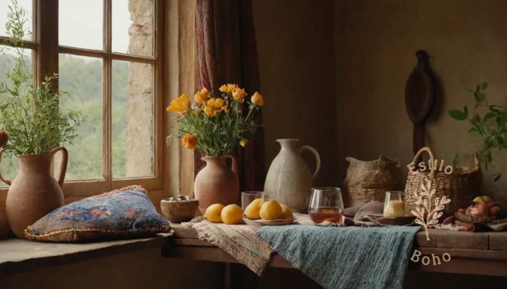 La textura en Boho estilos de diseño: Una naturaleza muerta de inspiración bohemia con texturas y telas naturales.