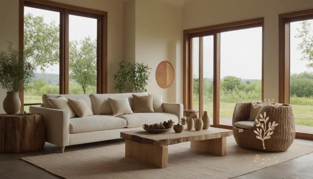 Disenyo boho con algodón orgánico suave: Una sala de estar natural y serena con textiles orgánicos prominentes.