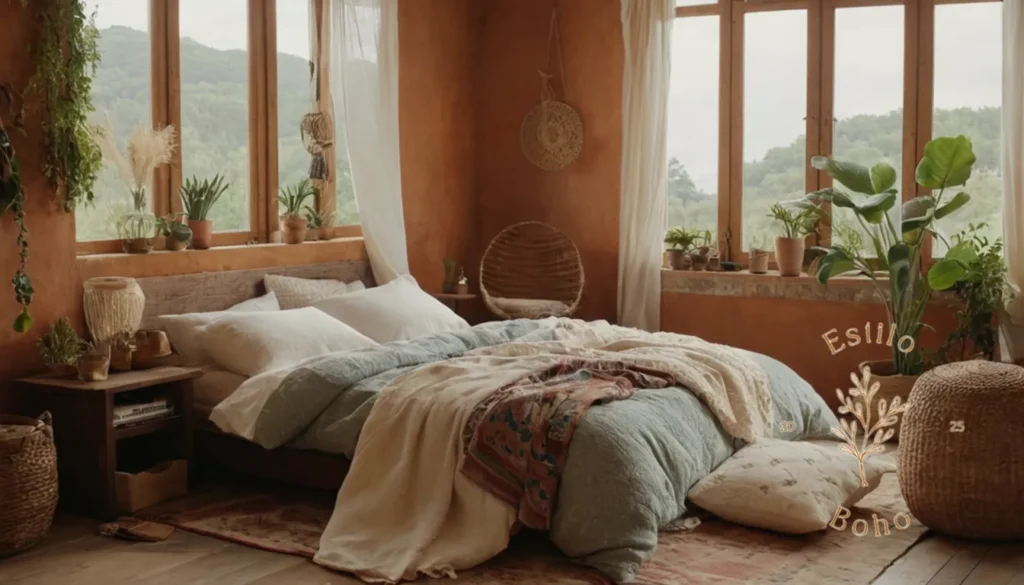 Lavado y Planchado de Algodón Orgánico Suave BoHo: Una habitación de inspiración bohemia con elementos de decoración de algodón orgánico.