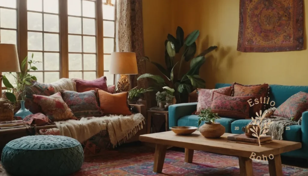 Decorar Boho para Principiantes: Una sala de estar de inspiración bohemia con textiles en capas y decoración ecléctica.