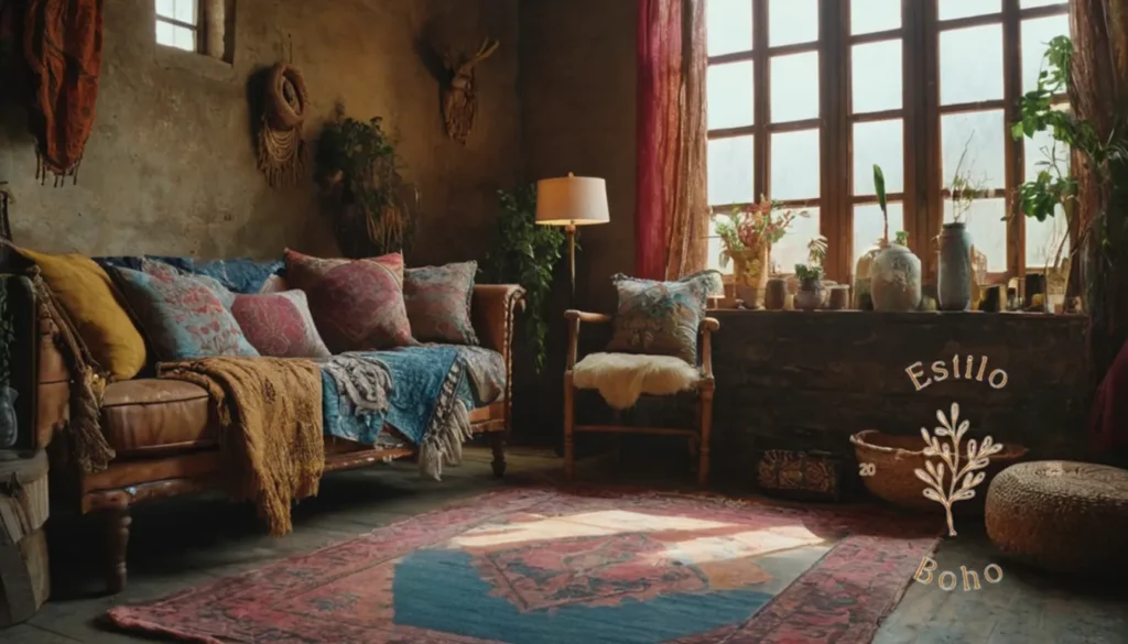 Mantas Boho Hipoalergenas: Una habitación angustiada y ecléctica de inspiración bohemia con textiles.