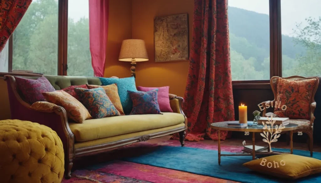 Decorar con Texturas Relajantes Boho: Una mezcla colorida y ecléctica de telas y texturas.