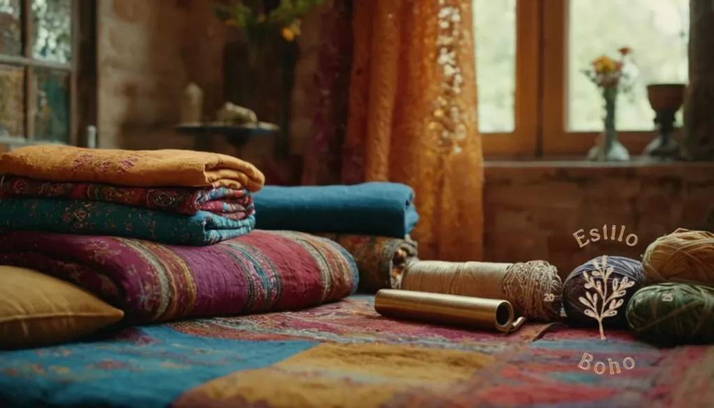 Boho Decoración de Texturas Armoniosas: Una selección colorida y ecléctica de textiles y manualidades de inspiración bohemia.